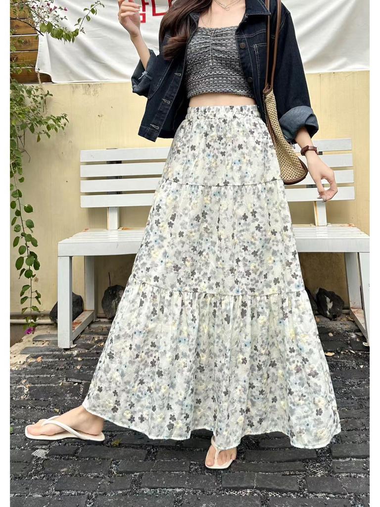 French Floral High-Waisted A-Line Skirt - Summer Fresh Mid-Length Skirt