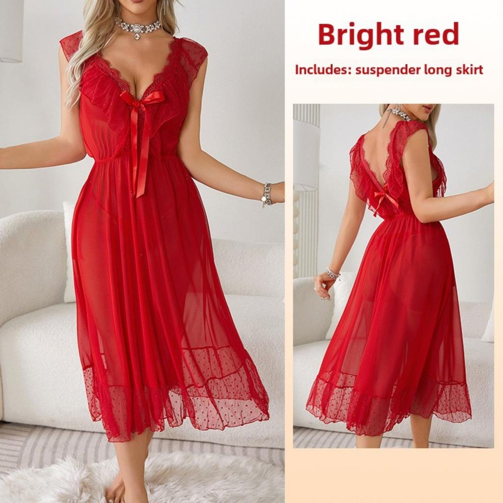 Sexy Polka Dot Nightdress Princess Style Suspender Skirt Mesh Private Room Pajamas Backless Wear