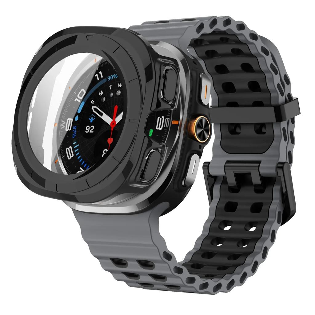 Gehärtetes Glas Case+Armband Für Samsung Galaxy Watch 7 ultra 47mm Zweifarbiges Sport-Silikonarmband Galaxy Watch Ultra7 Hülle