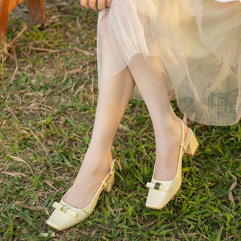 Square Head Bow Light Mouth Empty Sandals Women's Spring and Summer Medium Heel Thick Heel Mary Jane Single Shoes