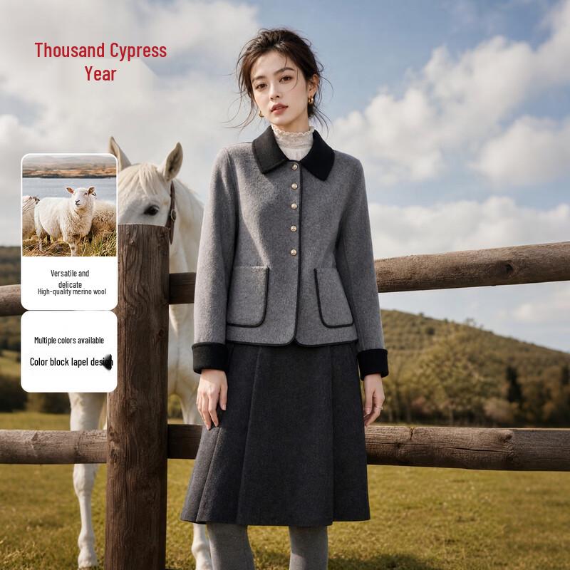 Qianbainian Women's Wool-Blend Color-Block Lapel Double-Faced Coat