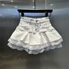 Women's High Waist Denim Mini Skirt A Line Fit Lace Ruffle Layered Cake Skirt Summer Sweet Flared Jean Skirt