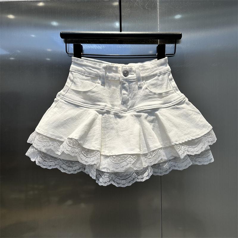Women's High Waist Denim Mini Skirt A Line Fit Lace Ruffle Layered Cake Skirt Summer Sweet Flared Jean Skirt