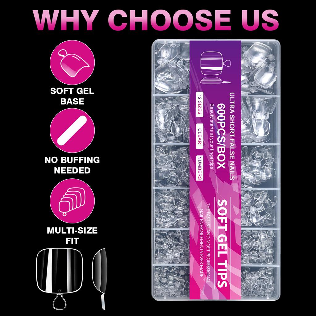 Xiaomi 600pcs Ultra Short Square Soft Gel Toe Nails Clear Full Cover Pre Shaped Fake Foot Nail Tips DIY Extension Press On Toes