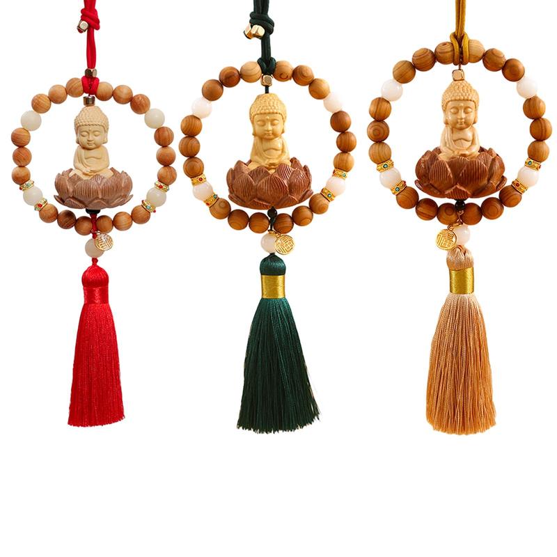 Buddha Statue Car Rearview Mirror Pendant Wood Tassel Car Hanging