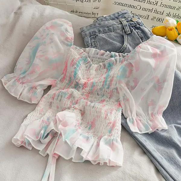 

WTEMPO Женские весенне-летние дышащие рубашки с открытыми плечами, женские ретро элегантные повседневные свободные тонкие топы с цветочным принтом S