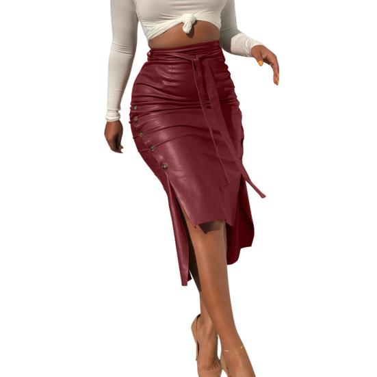 

Сексуальная женская осенне-зимняя юбка-миди бодикон с разрезом, на пуговицах, с бандажной отделкой из искусственной кожи S вино красного