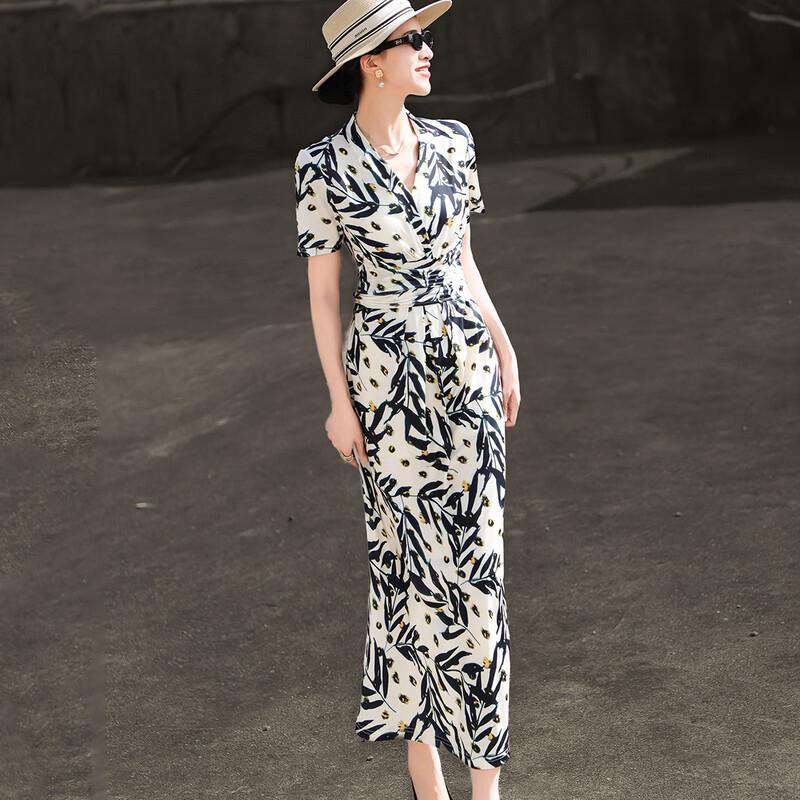 Lanse er 2026 Summer Printed V-Neck Waist-Cinching Dress M