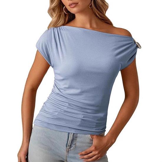 2026 European & American Off-Shoulder Cinched Waist Fashion Pullover Women's T-Shirt