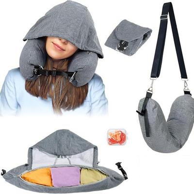 Luggage Pillow Self-Filling Travel Neck Pillow with Adjustable Size Shoulder Straps Refillable Hooded Design Packing