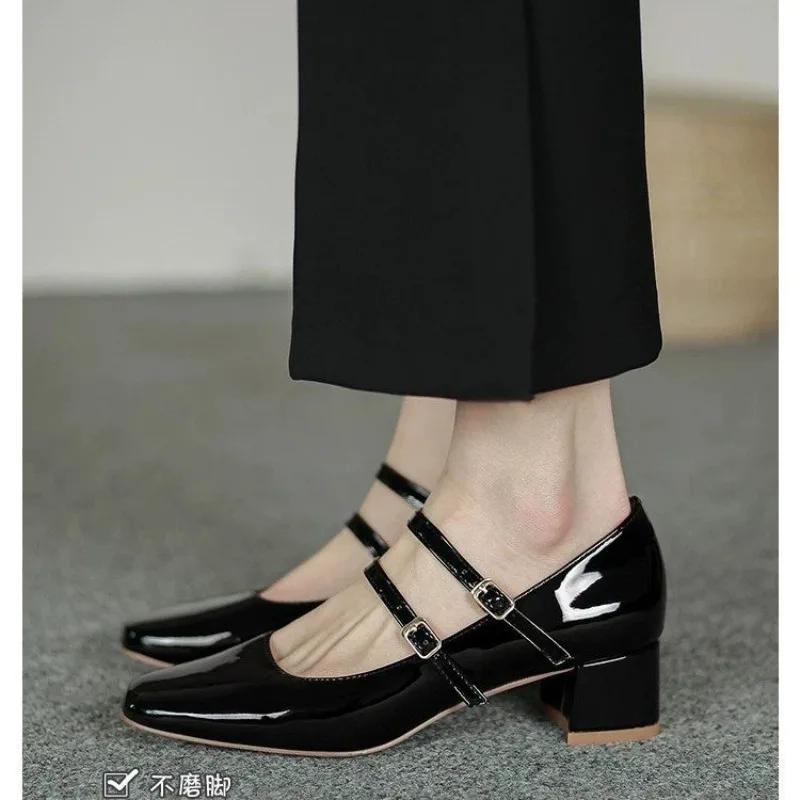 Spring Autumn Women Double Buckle Mary Janes Shoes Patent Leather Dress Square Head Square Heel Solid Color Women's Pumps