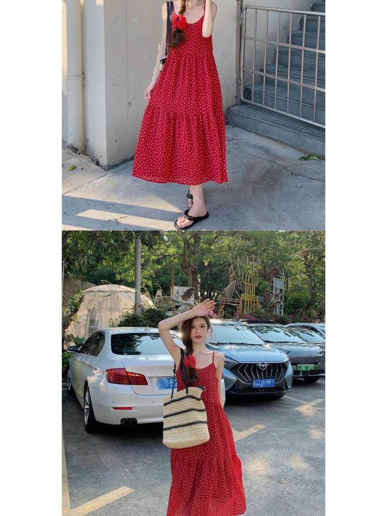 Spring 2025 French Floral Red A-line Spaghetti Strap Dress for Women