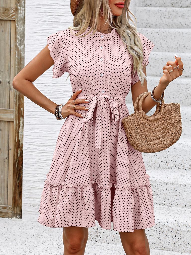 Holiday Breeze Ruffled Dress Summer Women's Elegant Lace Short Sleeve Tie-Up A-Line Dress
