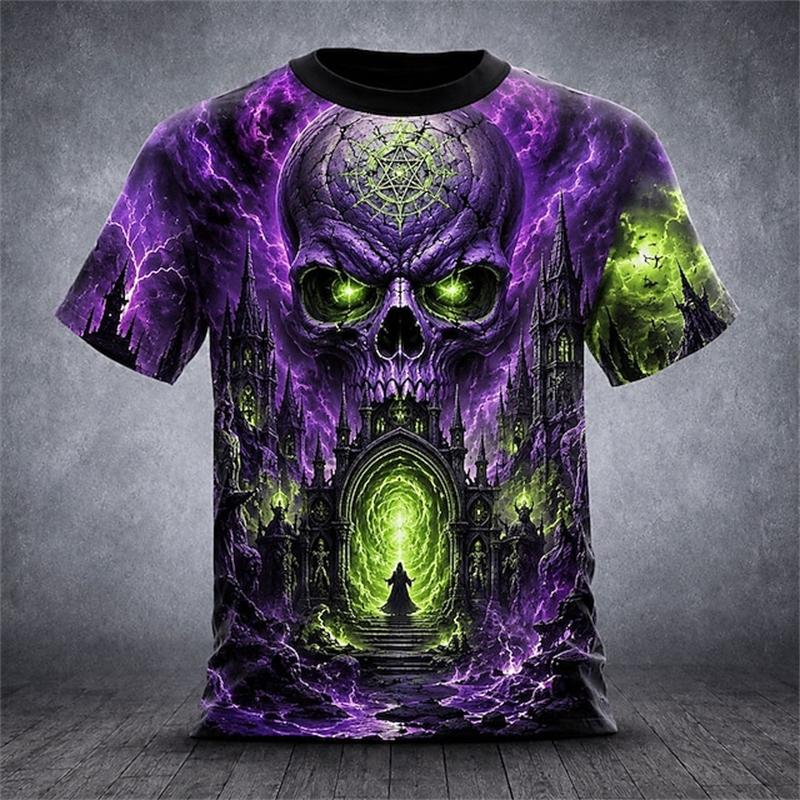Halloween Men's Pumpkin Skull T-Shirt Short-Sleeve T-Shirt 3D-Printed Crew Neck Horror-Themed Men's Top Club Party Frenzy
