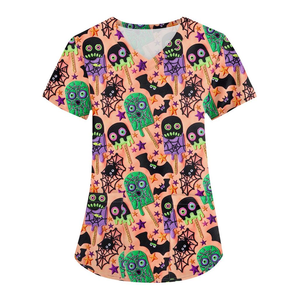 Damen Halloween Print Uniform Arbeitsuniform V-Ausschnitt Tasche Schutz Arbeitsuniform