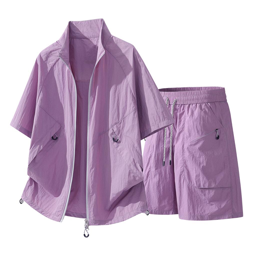 Summer Solid Color Basic Versatile Ice Silk Set Men's Shirt Short Sleeved Set Men's Two-piece Set