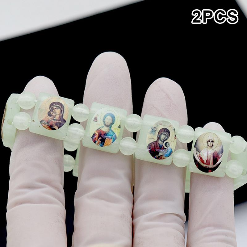 2Pcs Vintage Jesus And Virgin Mary Pvc Rosary Bead Bracelet With Elastic Band Religious Image Stickers For Daily Wear Parties