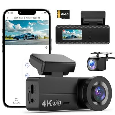 CHORTAU New Version Dashcam, Front and Rear Cameras, 4K UHD 8MP + 1080P Full HD HDR/WDR Correction, 5G WIFI, 170-degree Wide Angle View, 64GB Card Inc