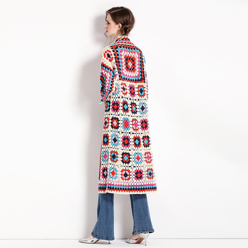 Cardigan Lungo Autunnale Moda Primavera Maglia Floreale Vintage Streetwear Largo Traforato Soprabito