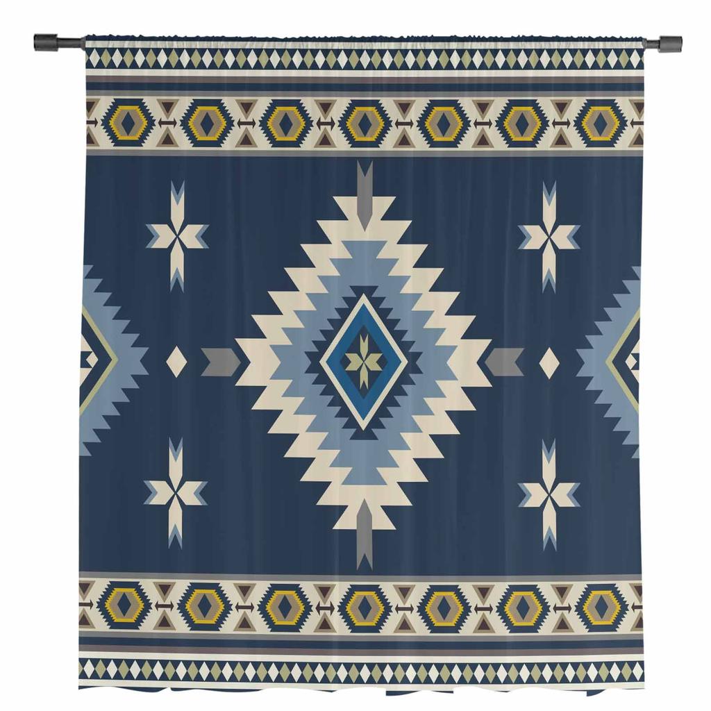 Böhmische Geometrische Dekoration Blaue Transparente Vorhänge für Wohnzimmerdekoration Fenstervorhänge Küche Tüll Voile Vorhänge