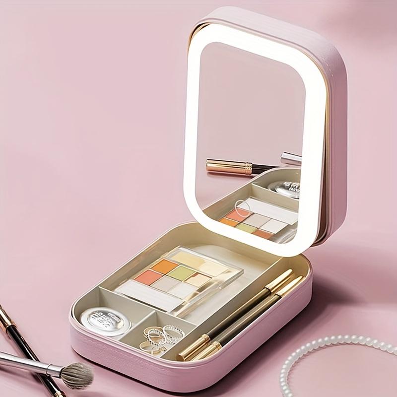 

1 светодиодная косметичка с зеркалом, женская переносная косметичка, кисточка для помады, беспроводная подсветка для косметички розовый