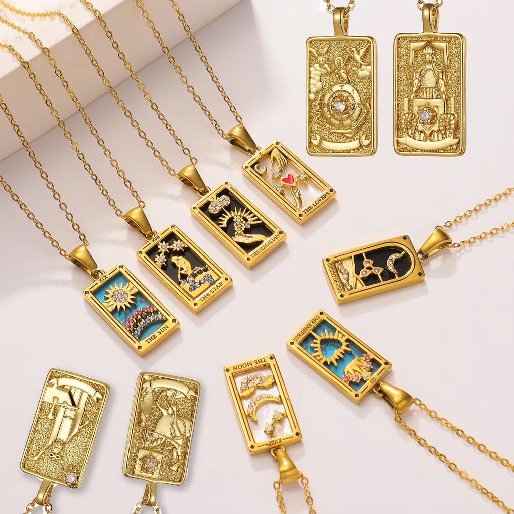 YILUOCD Zirconia Tarot Card Necklace Classic Tarot Queen Lover Magician Moon Wealth Amulet Stainless Steel Jewelry
