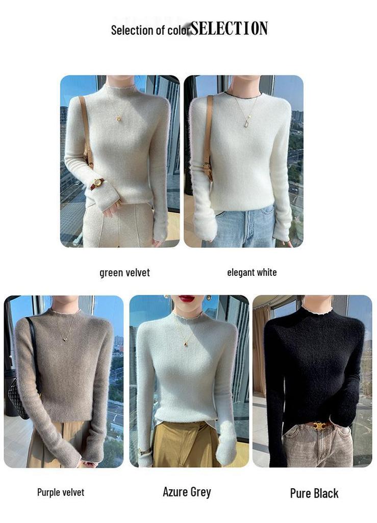 Women's Slimming Pure Wool Lace Half-High Collar Sweater - Ready-to-Wear Knit Pullover Base Layer
