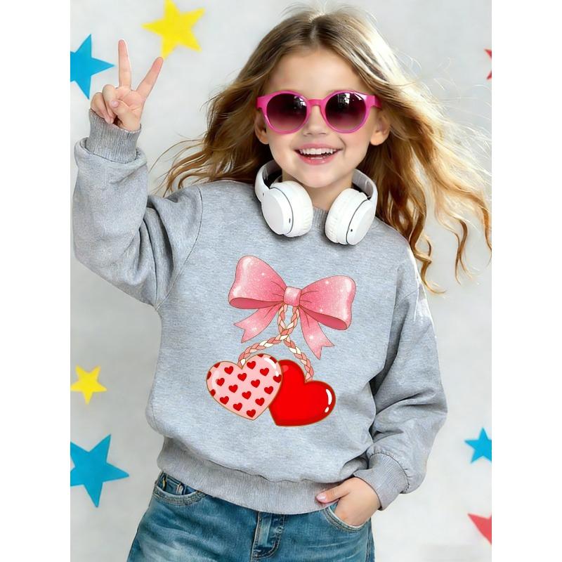 Cute Printed Pattern 0-3 Years Girls' Spring Lightweight Round Neck Sweatshirt with Sequin Bow and Heart Design