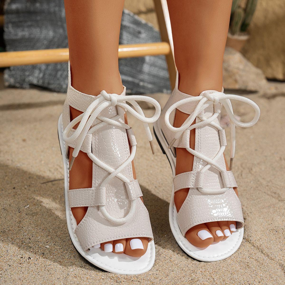 Летние женские сандалии Черные Белые Нескользящие из мягкой кожи На шнуровке Дизайнерская Роскошная обувь Модные С открытым носком Спортивные Сандалии 43 бежевый