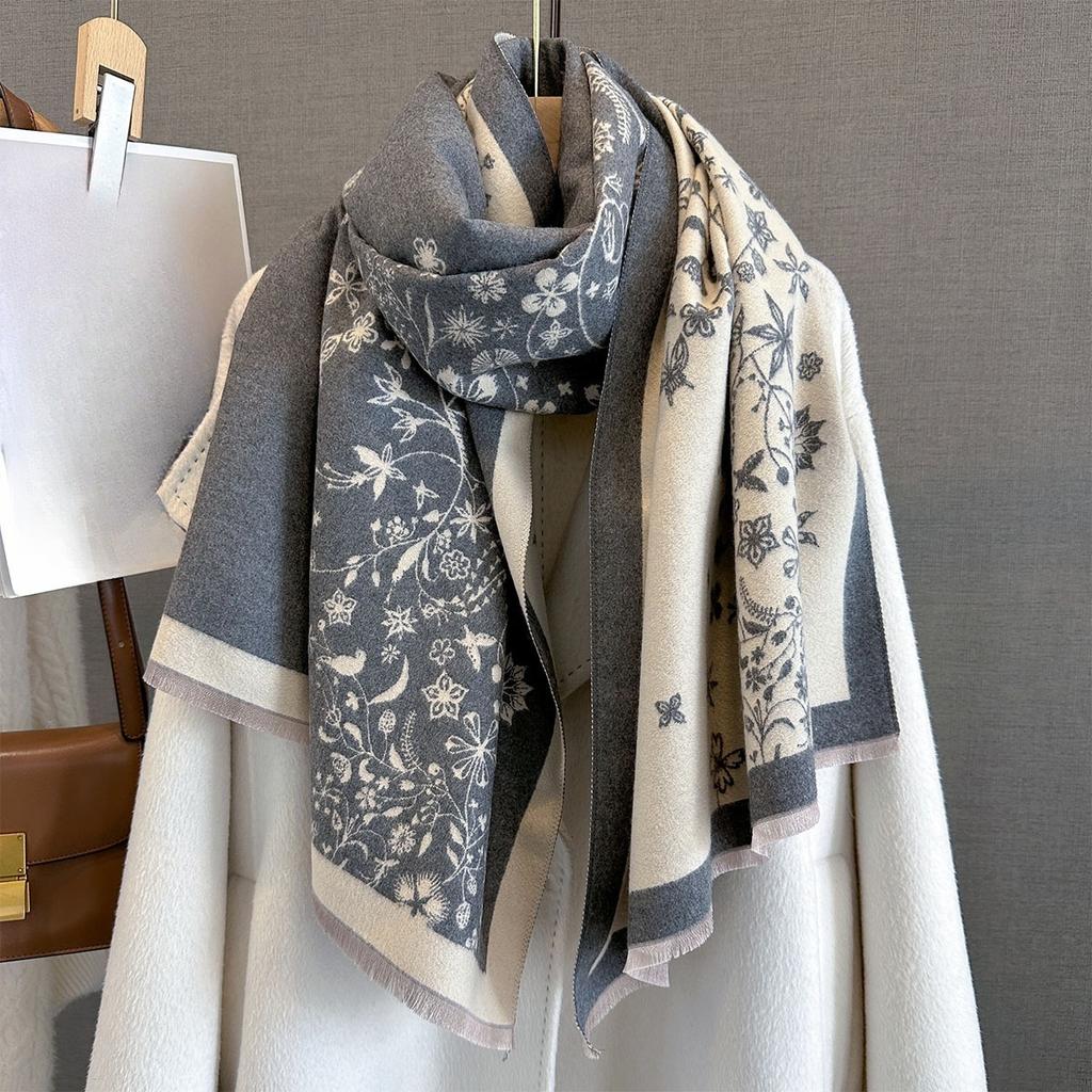 Imitation Cashmere Length Tassel Scarf For Women Floral Print Autumn/Winter Warm Shawl Warps Coldproof Windproof Blanket
