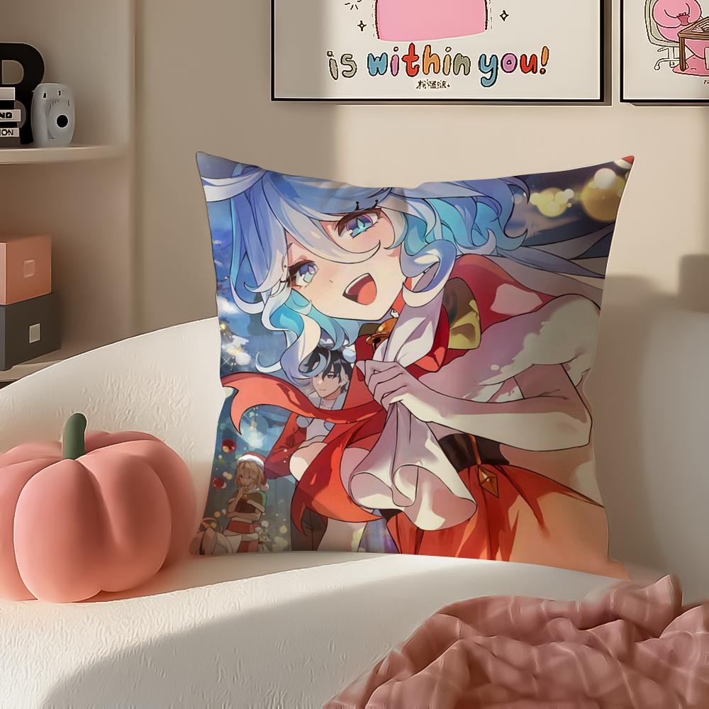 Game Genshin Furina Cushion Cover Pillowcase Short Plush Invisible Zipper Room Sofa Cushion Cover