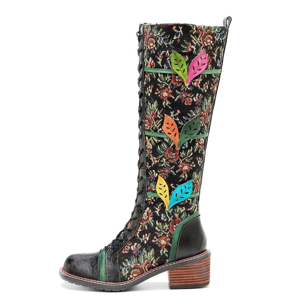Johnature Botas largas de cuero genuino para mujer, zapatos hechos a mano con estampado Retro, Color a juego, con cordones, hasta media pantorrilla