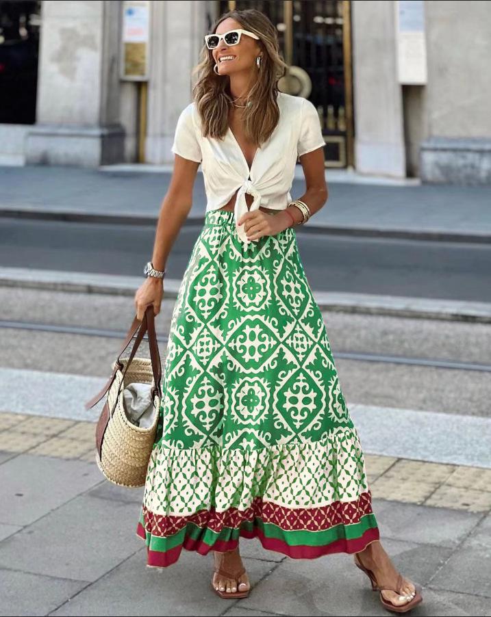 2024 Summer Women's European & American Loose Patchwork Print Maxi Skirt