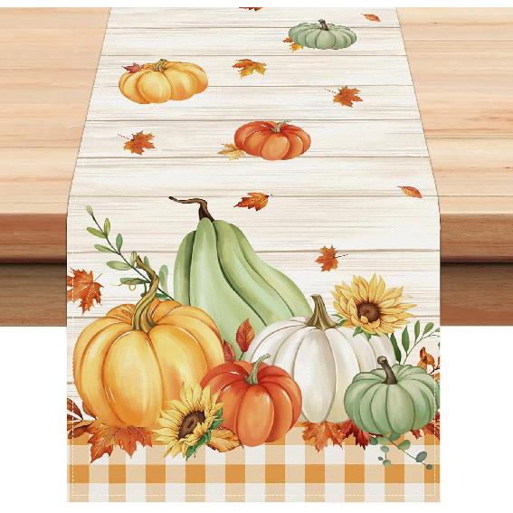 Bonhause Fall Pumpkins Maple Leaves Table Runner 13x72 Inch Orange Buffalo Plaid Autumn Thanksgiving Kitchen Dinning Table Decoration for Indoor