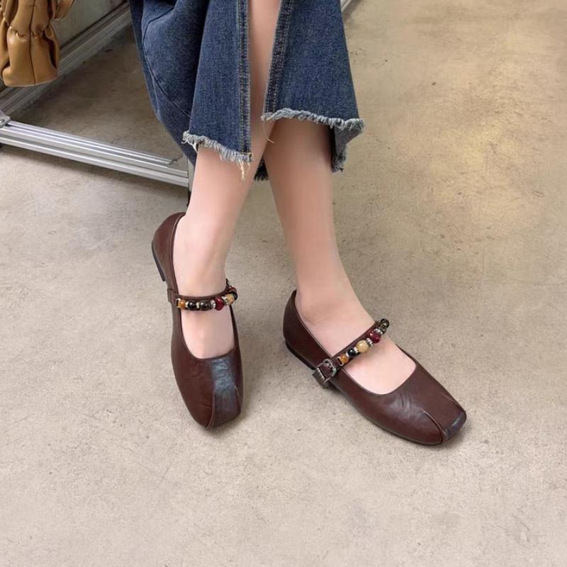 Fashion 2025 New Designer Faux Suede Flats Women Round Toe Ethnic Style Elegant Mary Jane Shoes Luxury Gemstone Buckle Design Brand