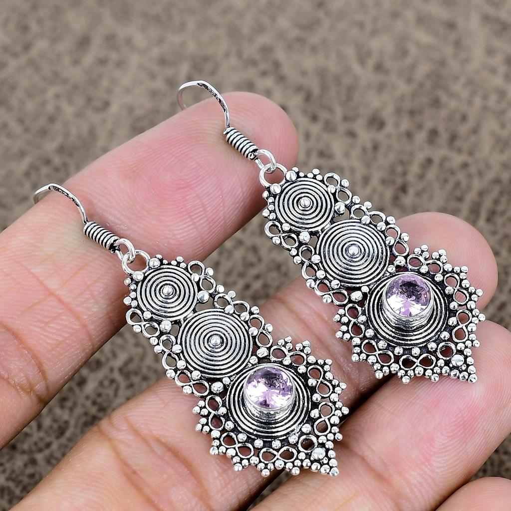 Pink Kunzite Gemstone Handmade 925 Sterling Silver Jewelry Earring 2.25" KKG-762