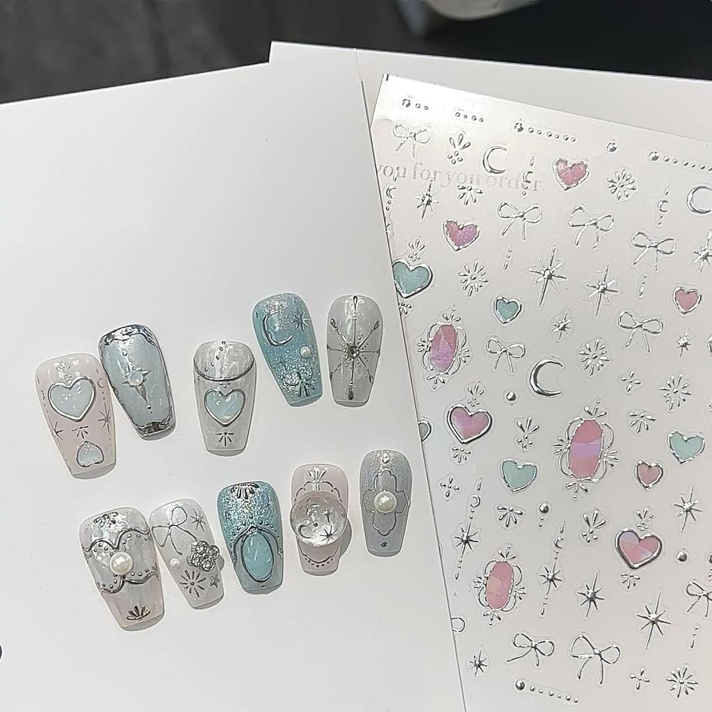 Flower Nail Stickers for Nail Art Decals Charms,5D Embossed Floral Butterfly and Heart Gem, Self-Adhesive 5 Styles Craft Nail Supplies 2 Sheets with