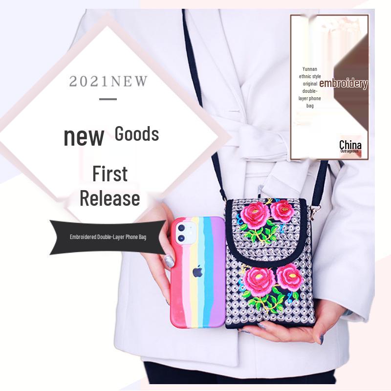 Crossbody Embroidered Womens Ethnic Canvas Handbag With Double Layer For Phone And Coins