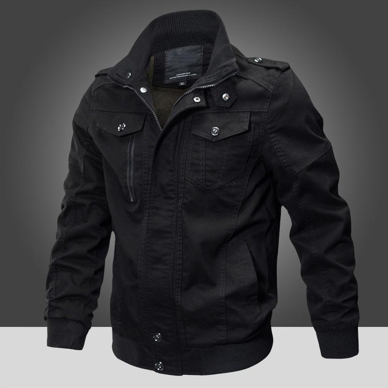 Men's Khaki Utility Jacket with Multiple Pockets, Zipper Button Front, Ribbed Cuffs and Hem
