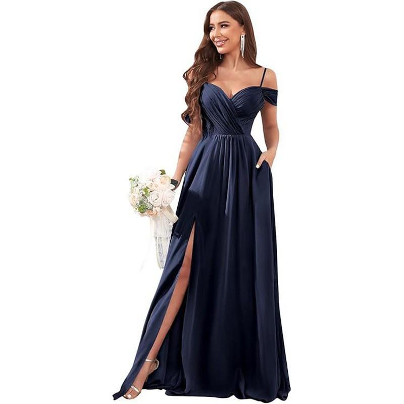 1011 new evening dress European and American bridesmaid dress suspender long dress solid color banquet evening dress