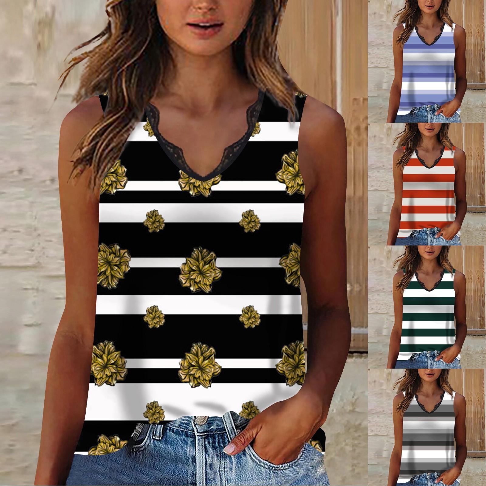 

Женщины Повседневная повседневная полоса Печать Кружевная панель V-образный вырез Жилет Свободный топ