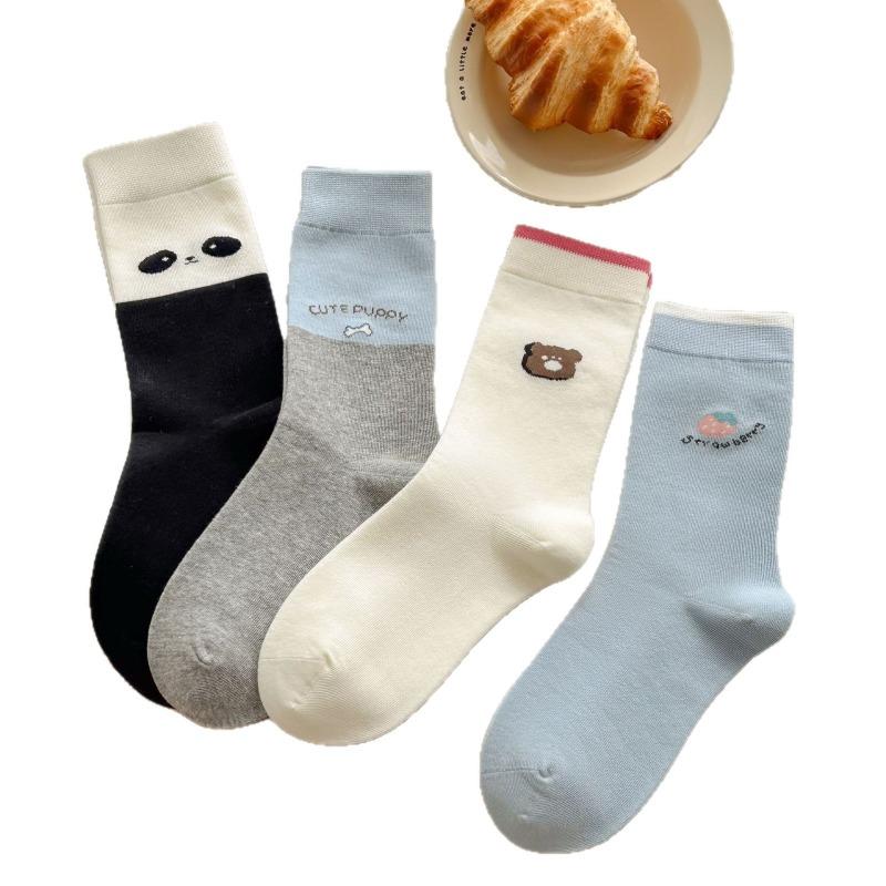 Pure Cotton Women's Autumn and Winter Gentle Color-blocking Cartoon Pile Socks, Cute Style, Versatile AB Style Mid-calf Socks