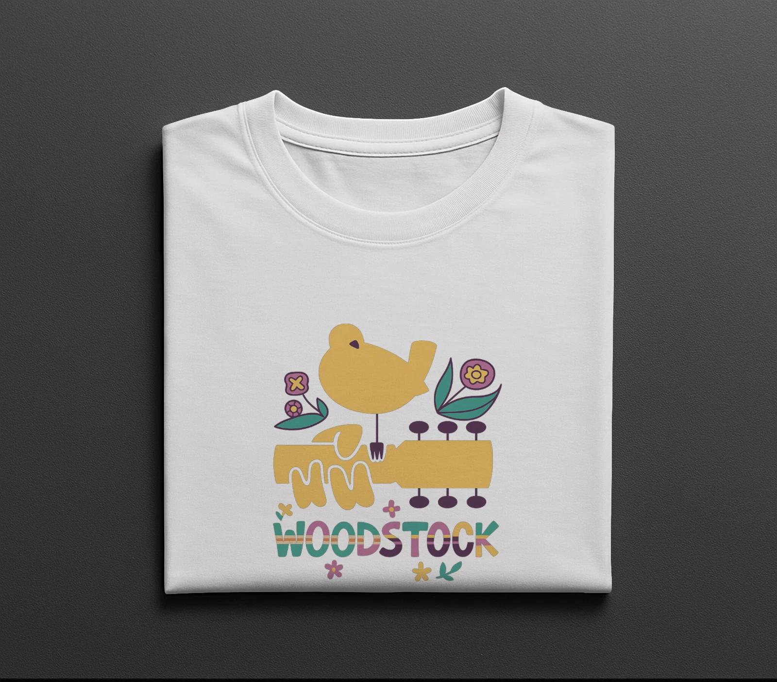 Woodstock Retro Bird Guitar T-Shirt Colorful Hippie Music Festival Graphic Tee L
