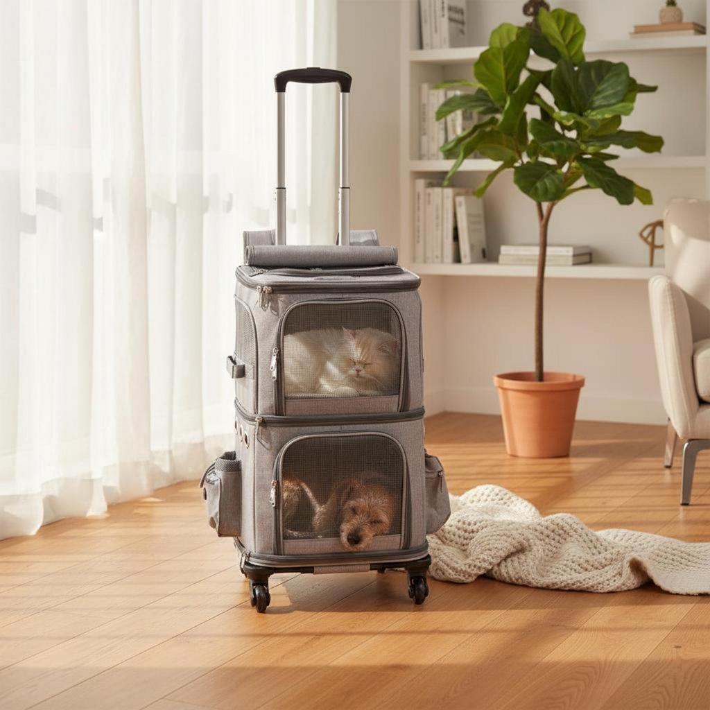 Double-Deck Pet Carrier Breathable Trolley Bag Telescopic Handle Cat Travel