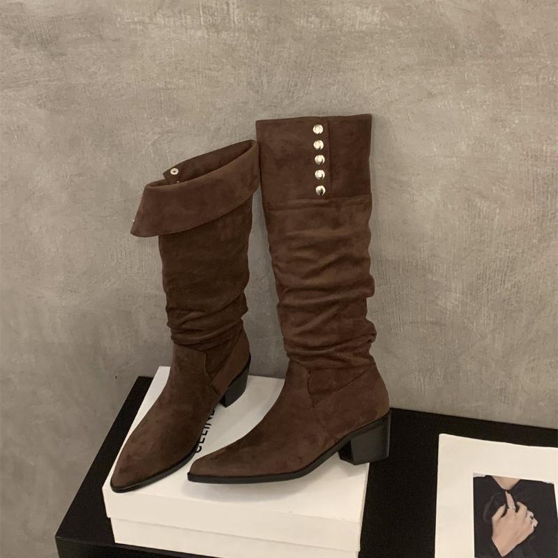 Fashion Thick Heel Pleated Women Knee High Boots Sexy Pointed Toe Stripper Party Shoes Slip On Modern Long Botas Para Mujer