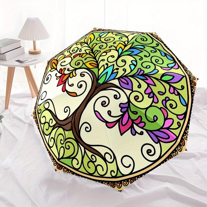 1 Stück Baum des Lebens Mandala Automatischer Faltregenschirm - 8-Speichen Eisenrahmen, Winddicht, Tragbarer Sonnenschirm mit Kunststoffgriff für Reisen & Outdoor