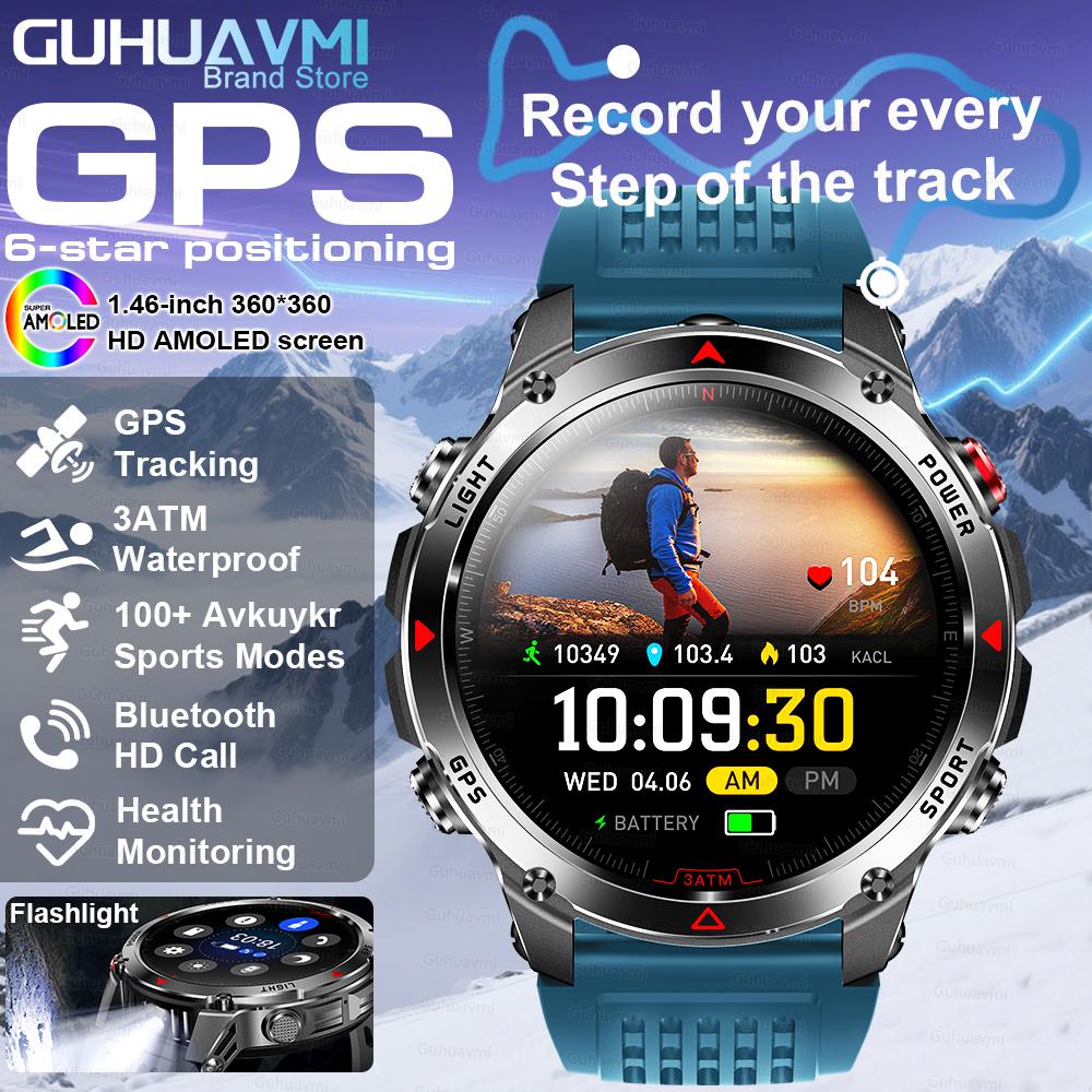 2025 Новый уличный военный умный часы Мужские 1,46  AMOLED Встроенный GPS Компас Высотомер 3ATM Водонепроницаемые Часы BT Вызов Умные Часы 540mAh battery