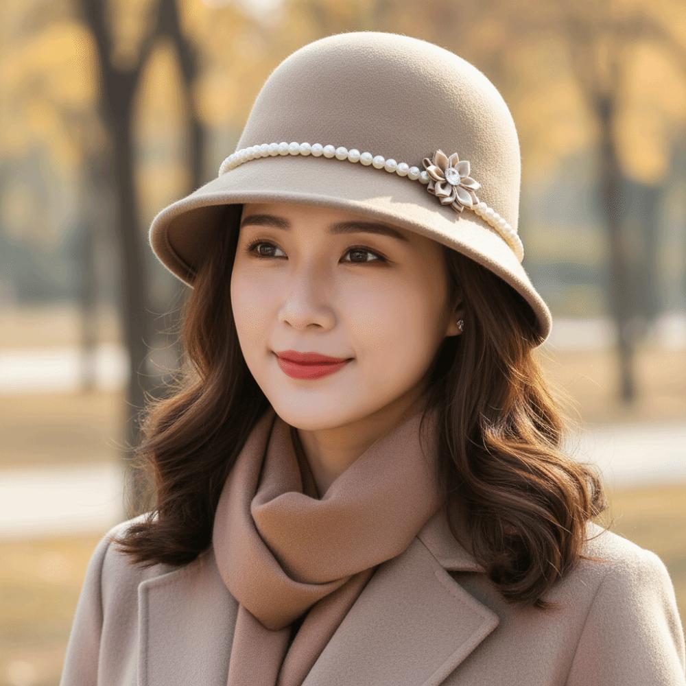French Style Flower Topper Hat Pearl Woolen Bucket Hat Fashion Fisherman Hat Famale