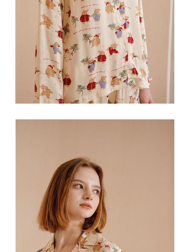 Damen Weihnachts-Satin-Pyjama-Set mit Kaninchen-Print - Kurzarm & Shorts