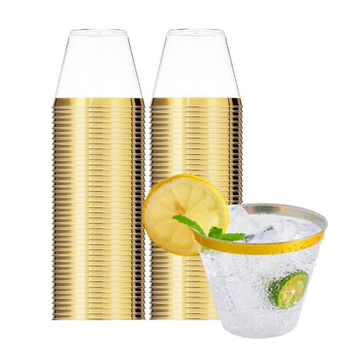 50 270ml Plastic Cups, Western Food Cups, Ice Cream Cups, 9oz Clear Plastic Cups, Disposable Hard Cups, Cocktail Cups, Weddings, Parties (Golden, 50 C